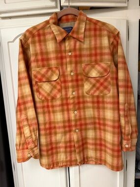 Pendleton Orange Tan Plaid Button-Front Wool Shirt Jacket